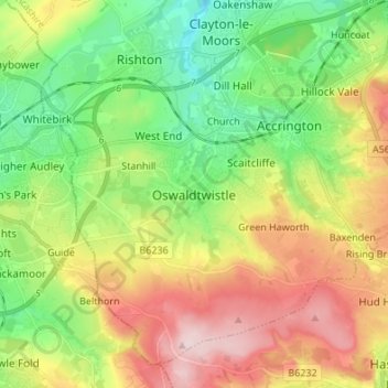 Mapa topográfico Oswaldtwistle, altitud, relieve