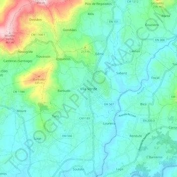 Mapa topográfico Vila Verde, altitud, relieve