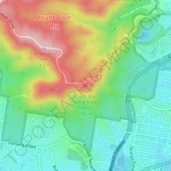 Mapa topográfico Mount Coot-tha (One Tree Hill), altitud, relieve