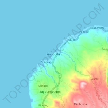 Mapa topográfico Kinoguitan, altitud, relieve