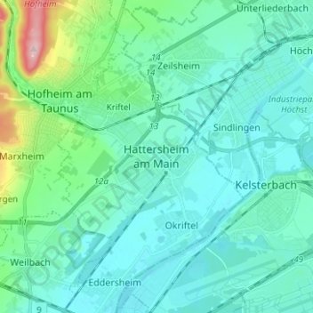 Mapa topográfico Hattersheim, altitud, relieve