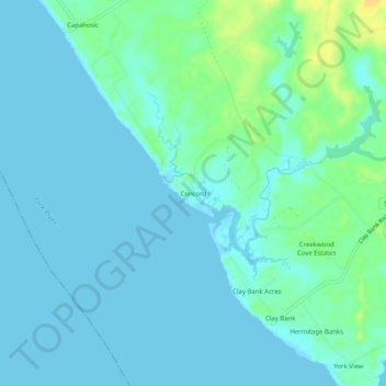 Mapa topográfico Concord, altitud, relieve