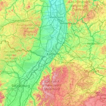 Mapa topográfico Karlsruhe, altitud, relieve