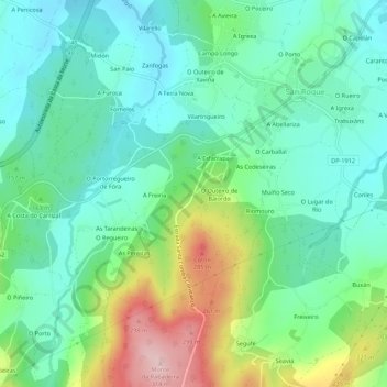 Mapa topográfico Folgueira, altitud, relieve