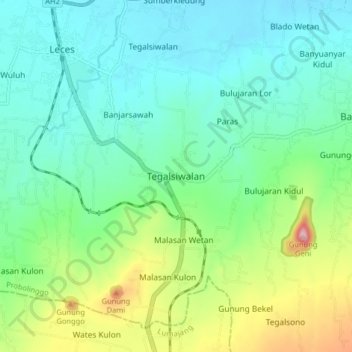 Mapa topográfico Tegalsiwalan, altitud, relieve
