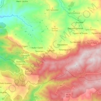 Mapa topográfico Guenzet, altitud, relieve