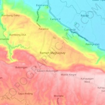Mapa topográfico Ramon Magsaysay, altitud, relieve