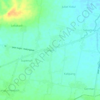 Mapa topográfico Sugio, altitud, relieve