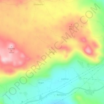 Mapa topográfico Kornet, altitud, relieve