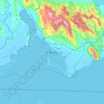Mapa topográfico Mesolongi, altitud, relieve