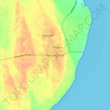 Mapa topográfico Makunduchi, altitud, relieve