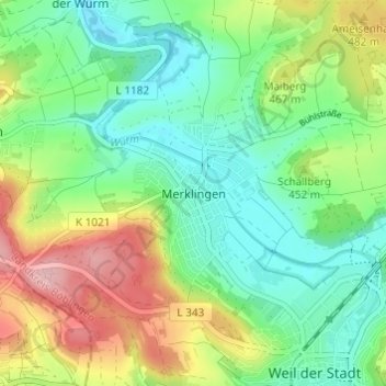 Mapa topográfico Merklingen, altitud, relieve