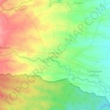 Mapa topográfico Lembeyan Kulon, altitud, relieve