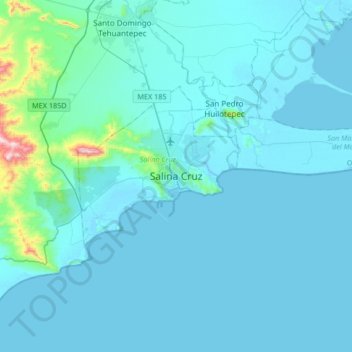 Mapa topográfico Salina Cruz, altitud, relieve