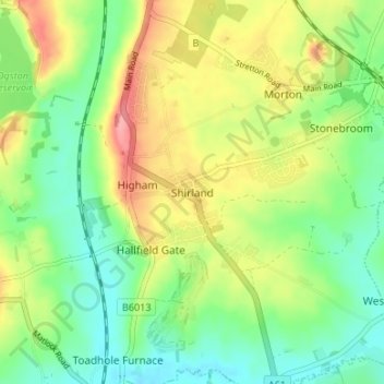 Mapa topográfico Shirland, altitud, relieve