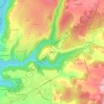 Mapa topográfico Anglards, altitud, relieve