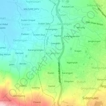 Mapa topográfico Kecandran, altitud, relieve