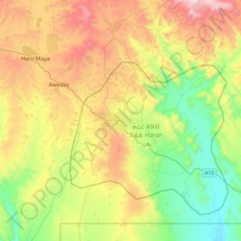 Mapa topográfico Harrar, altitud, relieve