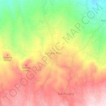 Mapa topográfico Sumber Pitu, altitud, relieve