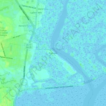 Mapa topográfico Riverside, altitud, relieve