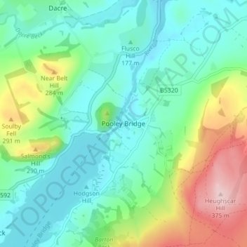 Mapa topográfico Pooley Bridge, altitud, relieve