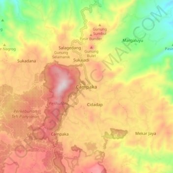 Mapa topográfico Campaka, altitud, relieve
