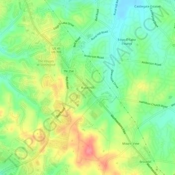 Mapa topográfico Rural Hill, altitud, relieve