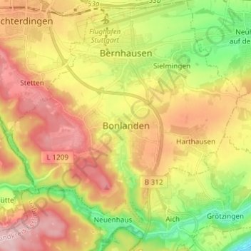 Mapa topográfico Bonlanden, altitud, relieve