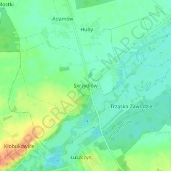 Mapa topográfico Skrzydlów, altitud, relieve