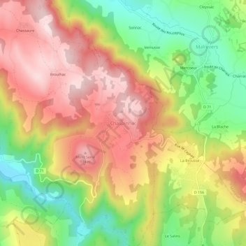 Mapa topográfico Chaspinhac, altitud, relieve