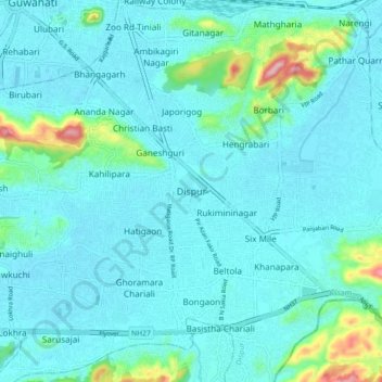 Mapa topográfico Dispur, altitud, relieve