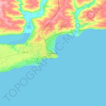 Mapa topográfico Taganrog, altitud, relieve