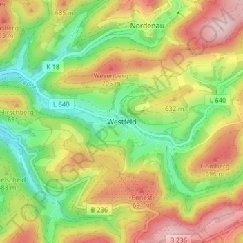 Mapa topográfico Westfeld, altitud, relieve