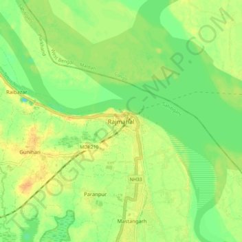 Mapa topográfico Rajmahal, altitud, relieve