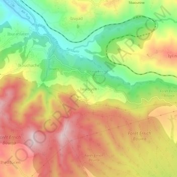 Mapa topográfico Ouadhias, altitud, relieve
