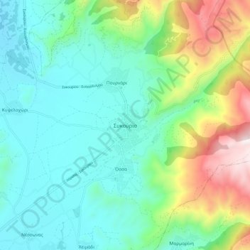 Mapa topográfico Sykourio, altitud, relieve