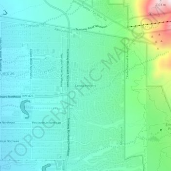 Mapa topográfico Sandia Heights, altitud, relieve