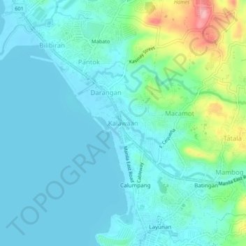 Mapa topográfico Kalawaan, altitud, relieve