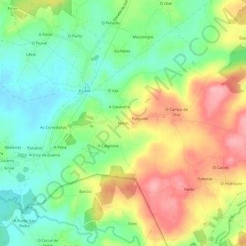 Mapa topográfico Novás, altitud, relieve