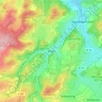 Mapa topográfico Arpe, altitud, relieve