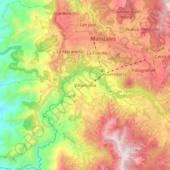 Mapa topográfico Villamaría, altitud, relieve