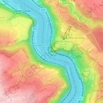 Mapa topográfico Loreley, altitud, relieve