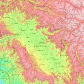 Mapa topográfico Srīnagar, altitud, relieve