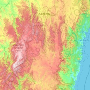 Mapa topográfico Monaro, altitud, relieve