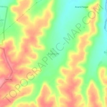 Mapa topográfico Badwani, altitud, relieve