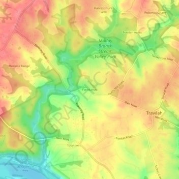 Mapa topográfico Farmlands, altitud, relieve