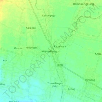 Mapa topográfico Yosowilangun, altitud, relieve