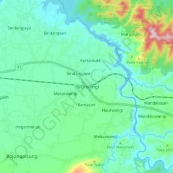 Mapa topográfico Haurwangi, altitud, relieve