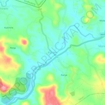 Mapa topográfico Poriem, altitud, relieve