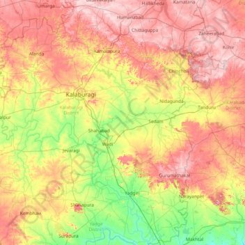 Mapa topográfico Kalaburagi, altitud, relieve